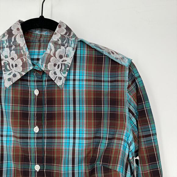 Ears of Buddha Shirt Womens Small Blue Plaid Lace Franky Hand Sewn Sustainable - Picture 5 of 9